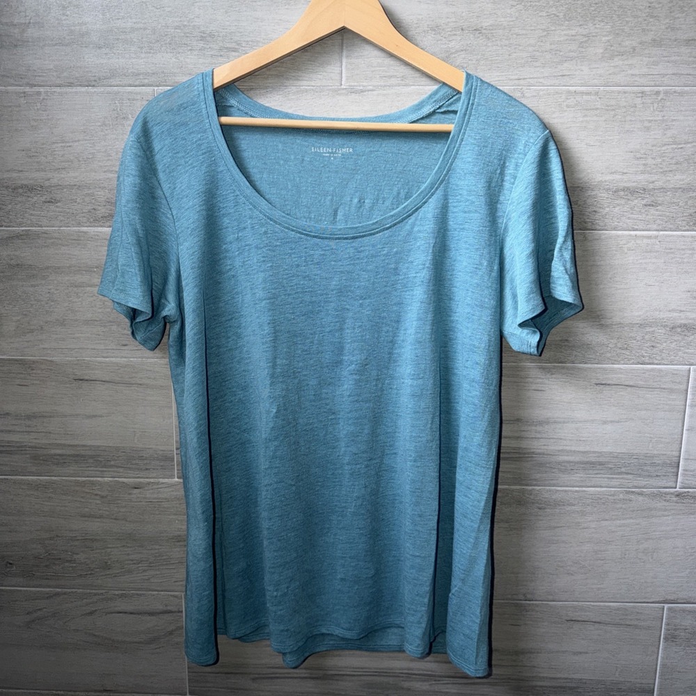 Eileen Fisher Scoop Neck 100% Linen Short Sleeve Shirt Women's Size M Blue